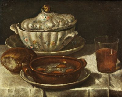 Natura morta con terrina con coperchio, ciotola di terracotta marrone, pane e bicchiere di vino da Unbekannt Unbekannt